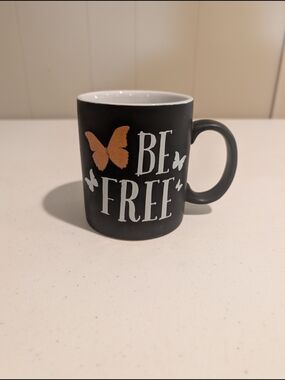 Be Free Black Ceramic Coffee Mug with Gold Butterfly